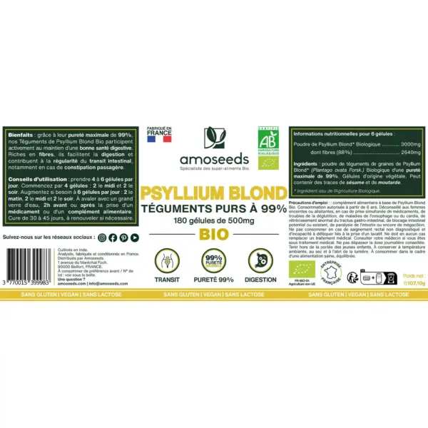 Psyllium Blond Bio, Téguments purs à 99% | 180 gélules de 500mg – Image 5