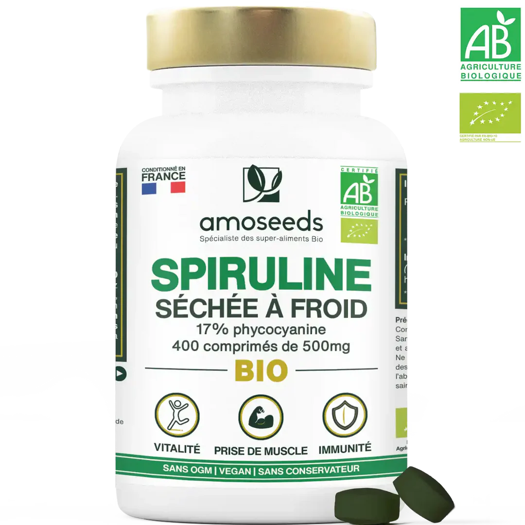 Spiruline Séchée à froid 17% phycocyanine | 400 comprimés