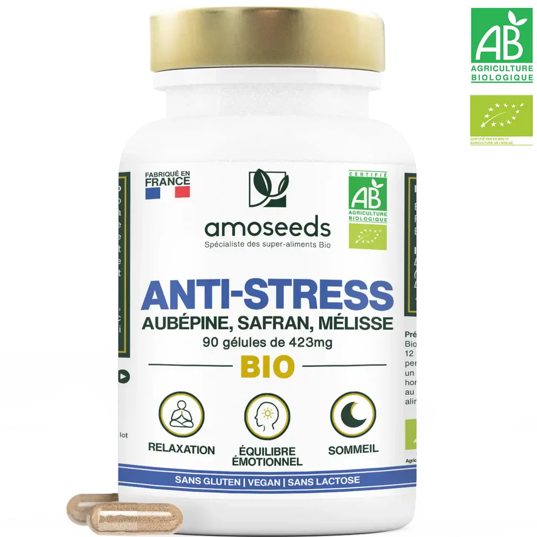 Complexe Anti-stress Bio, Aubépine, Safran, Mélisse | 90 gélules